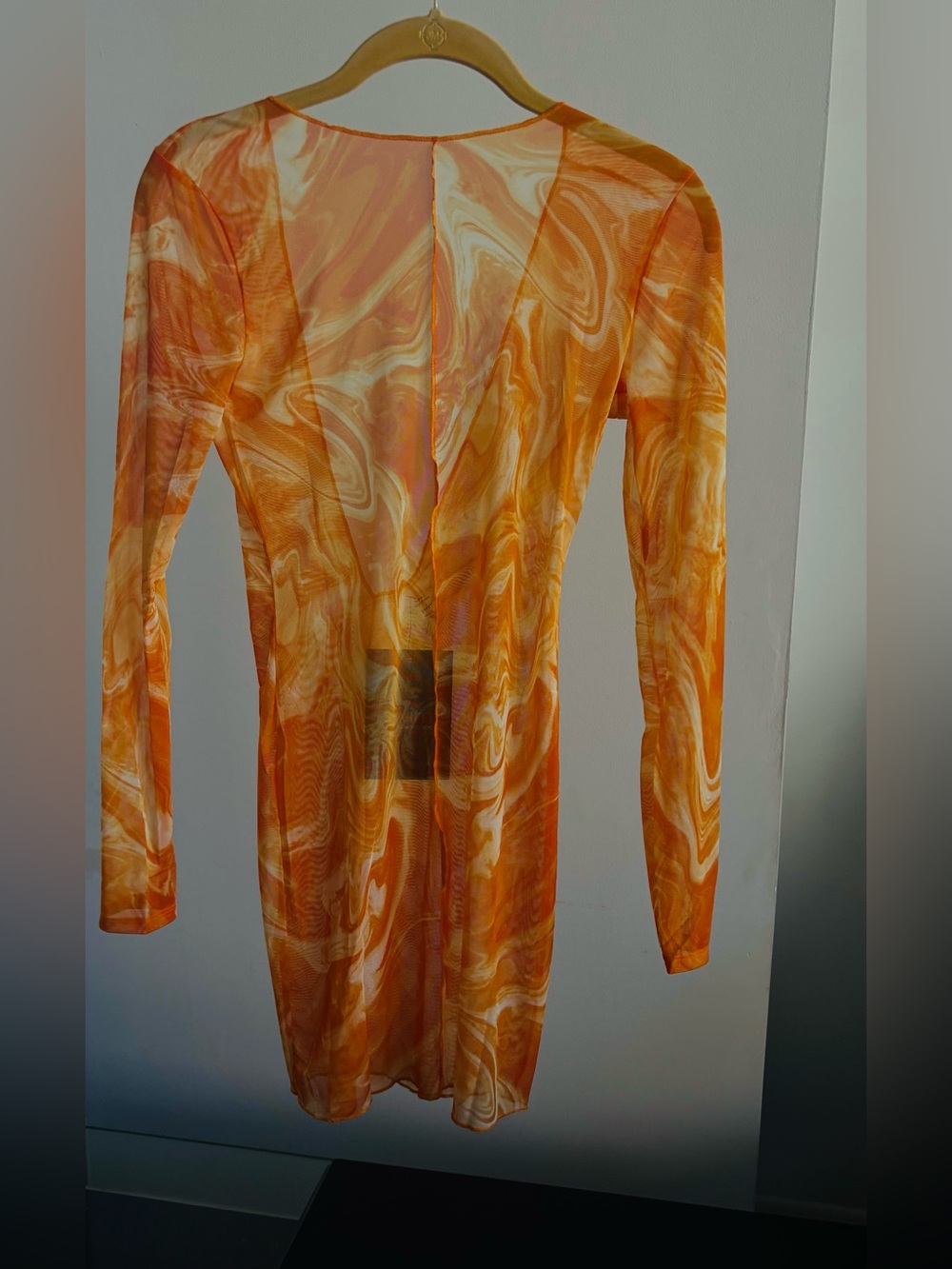 Naked Wardrobe Swim Orange Dreamsicle Marble-Print Long Sleeve Swim Coverup Med